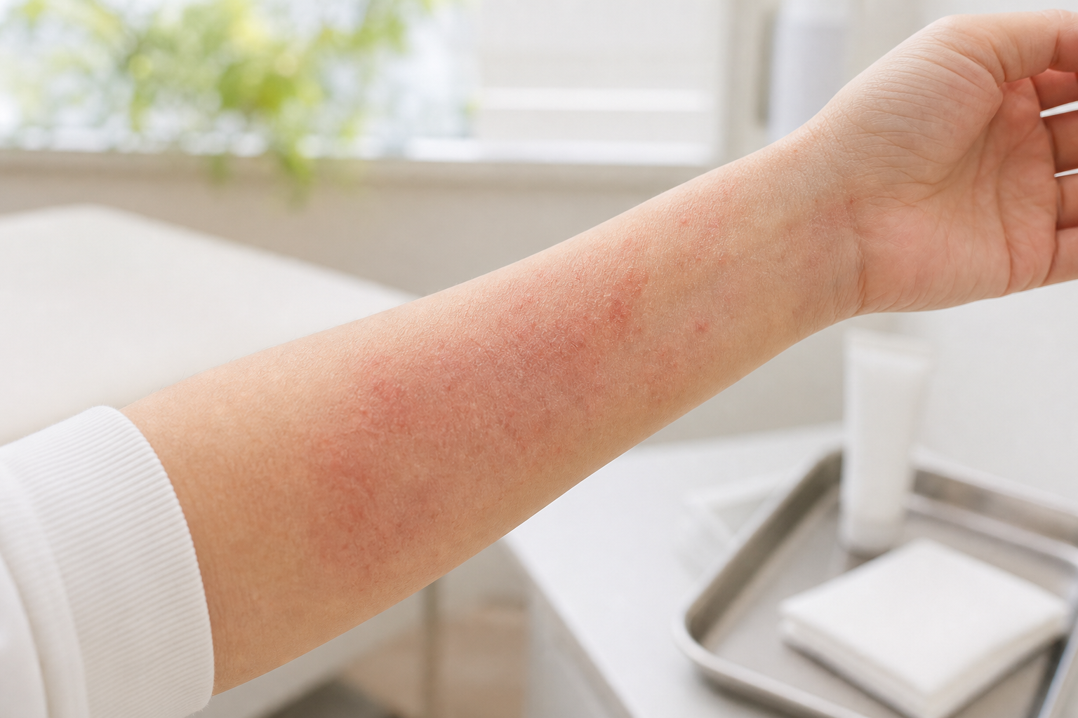 花粉の時期にアトピー性皮膚炎が悪化した前腕の軽い赤みと乾燥の症例写真風イメージ
