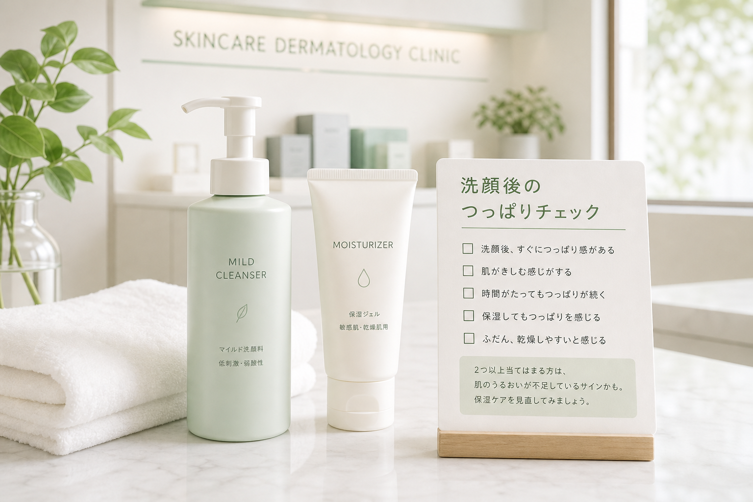 洗顔料と保湿剤を並べて洗顔後のつっぱりを確認するチェックカード