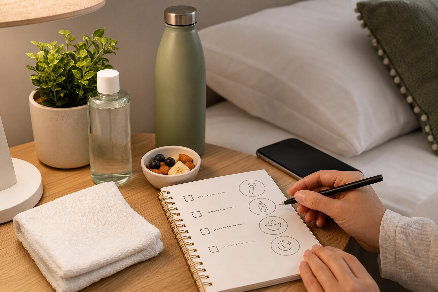 睡眠不足でニキビが気になるときに夜の習慣を見直すためのスキンケア用品とチェックノート