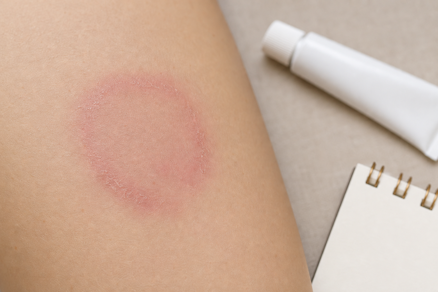 湿疹に見える白癬で薬の経過や広がり方を確認する合成イメージ