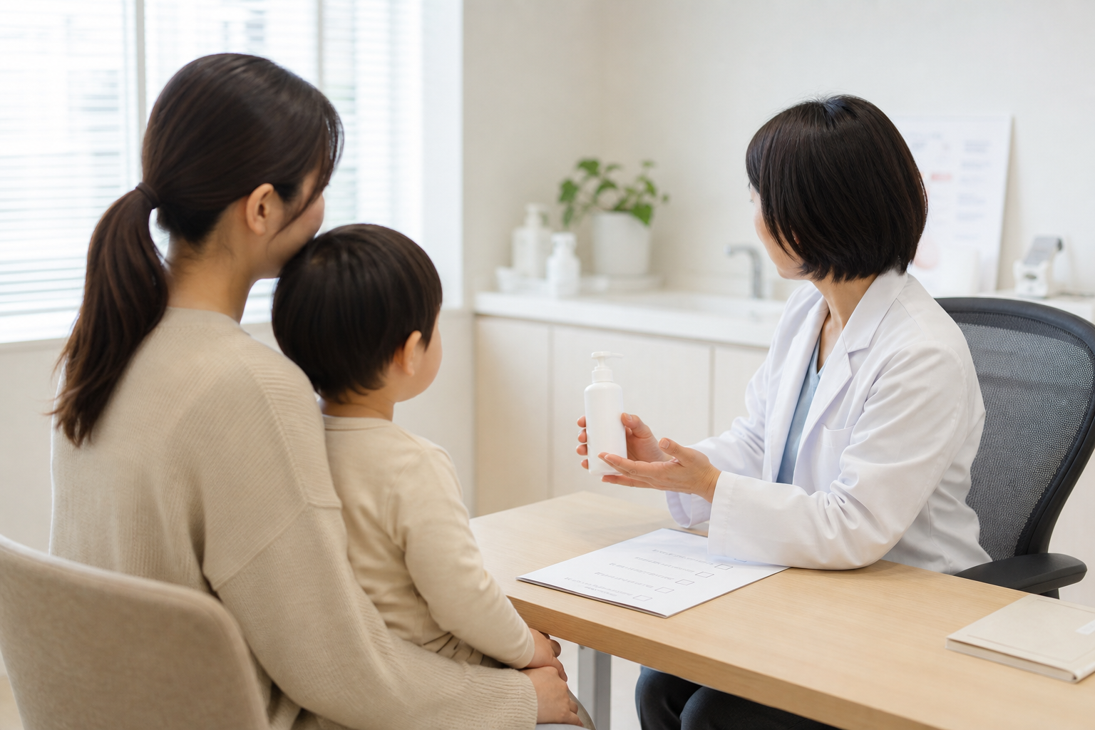 小児アトピー性皮膚炎のスキンケアを親子で相談する診療説明イメージ
