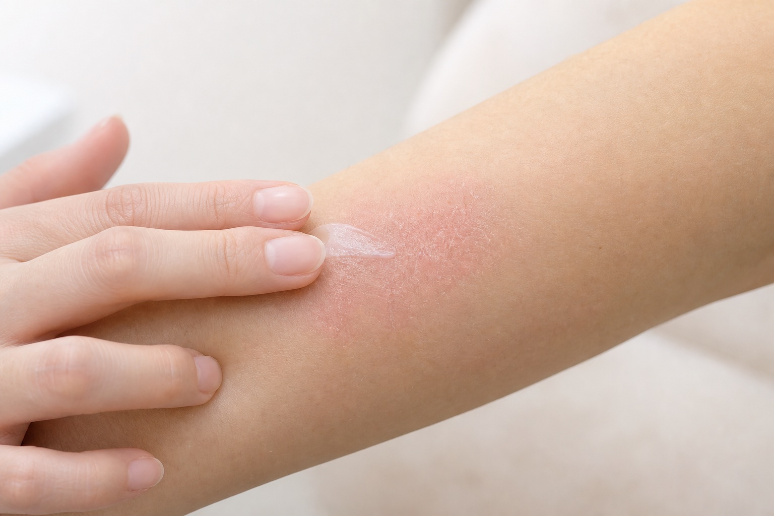 前腕の軽い乾燥と赤みがある部位へアトピーの塗り薬を薄く広げる症例写真風イメージ