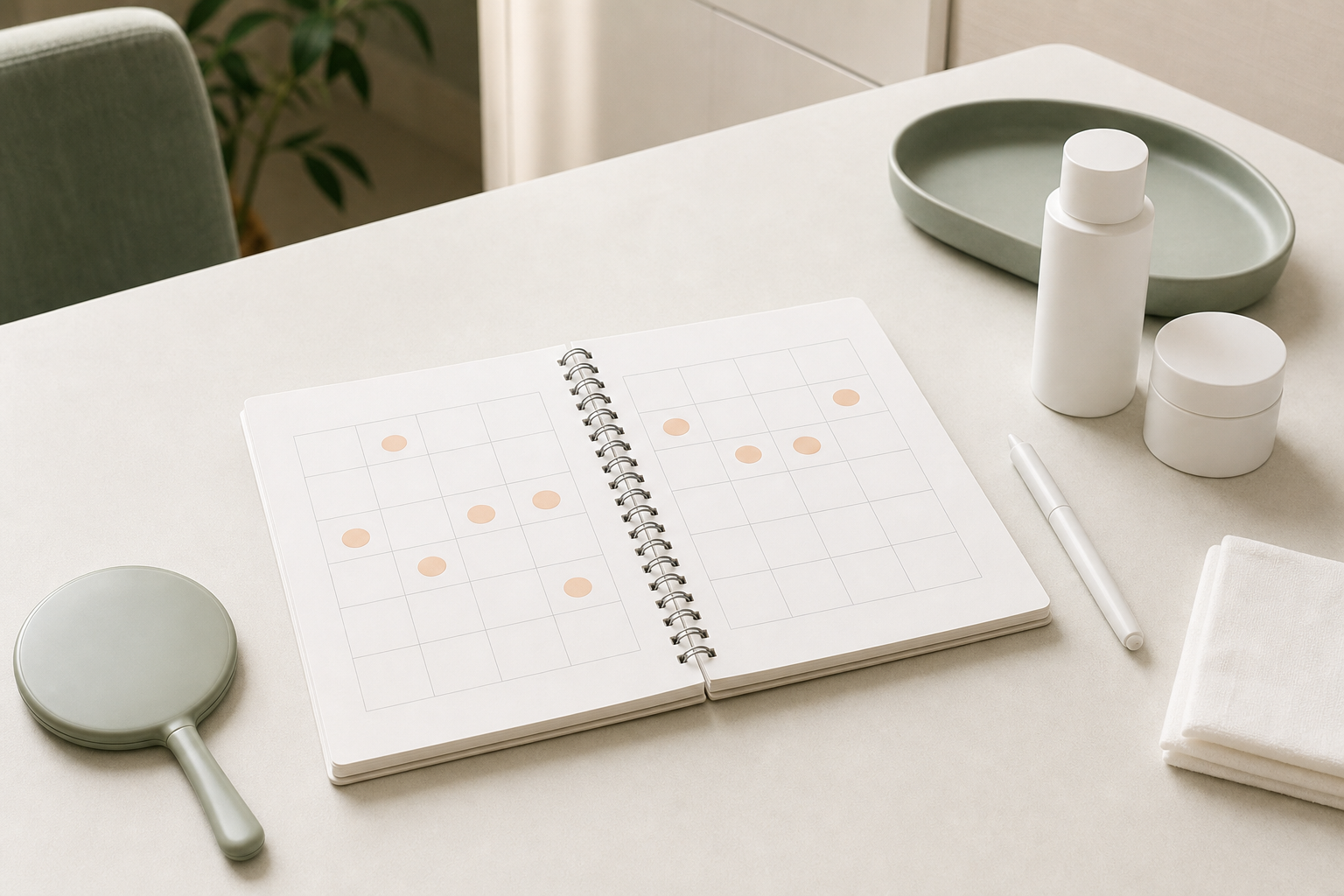 同じ場所に繰り返すニキビの経過を日付ごとに整理する白紙の予定表と丸いシール、無地のスキンケア用品