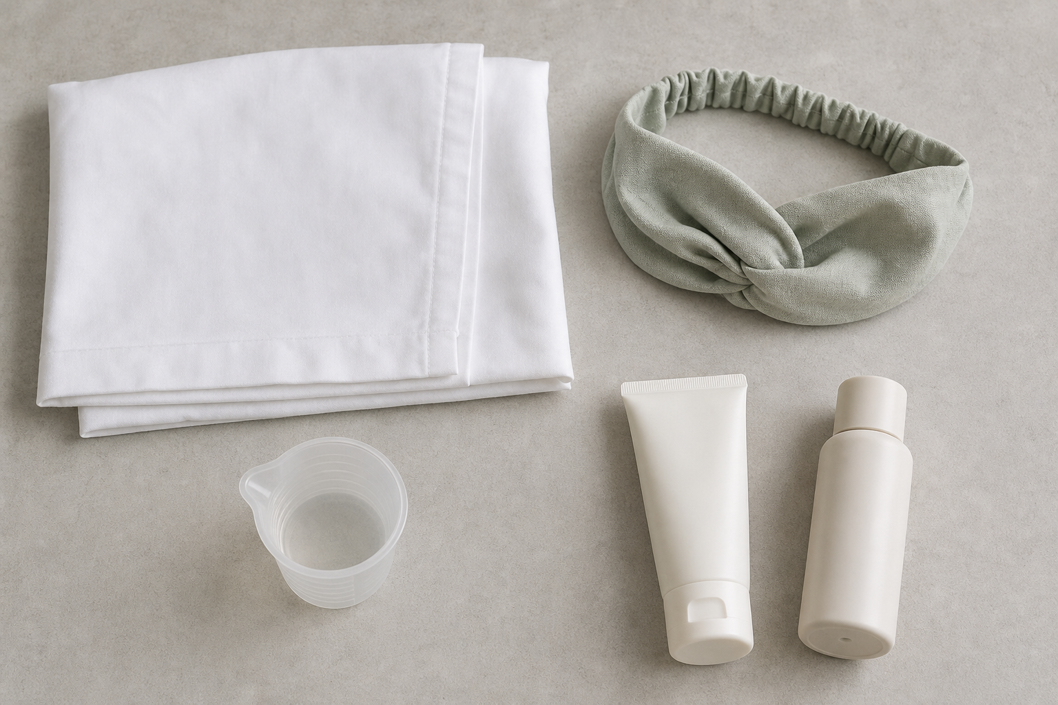 枕カバー、髪の接触、洗濯製品、スキンケアを一つずつ見直す白い布、淡い緑のヘアバンド、無地の計量カップとケア用品