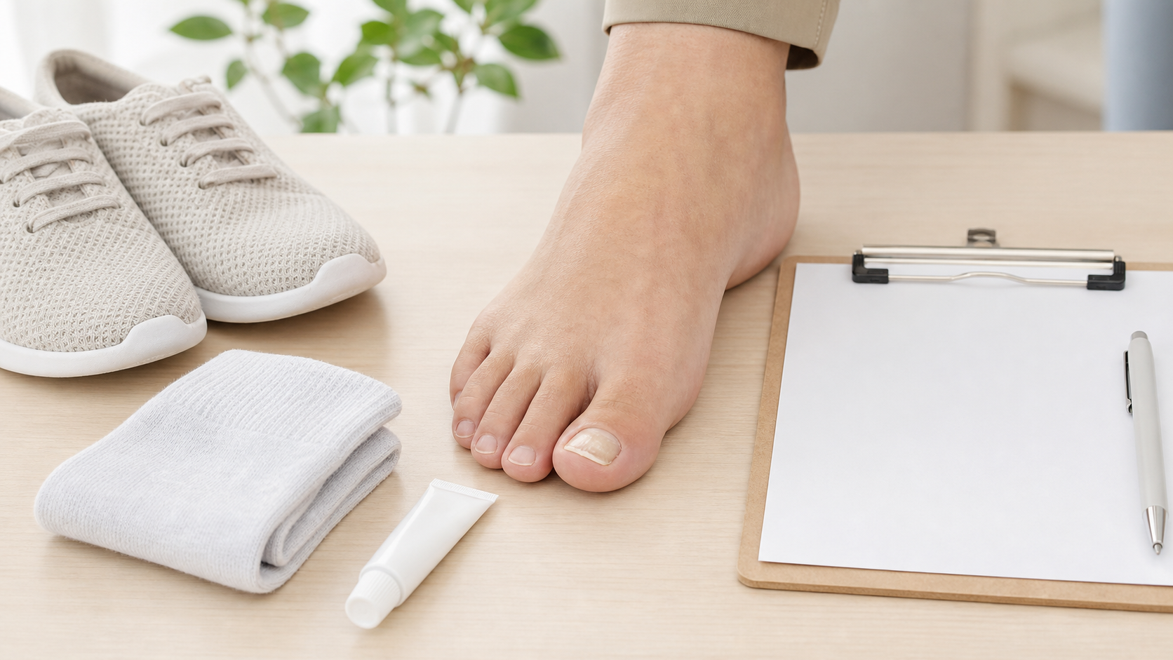 足の爪の白濁や厚みを相談する前に靴や薬の情報を整理するイメージ