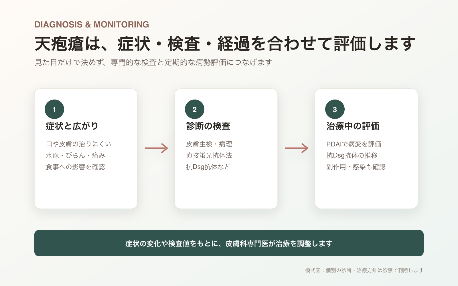 天疱瘡の症状確認、免疫検査、PDAIと抗デスモグレイン抗体による評価の流れ