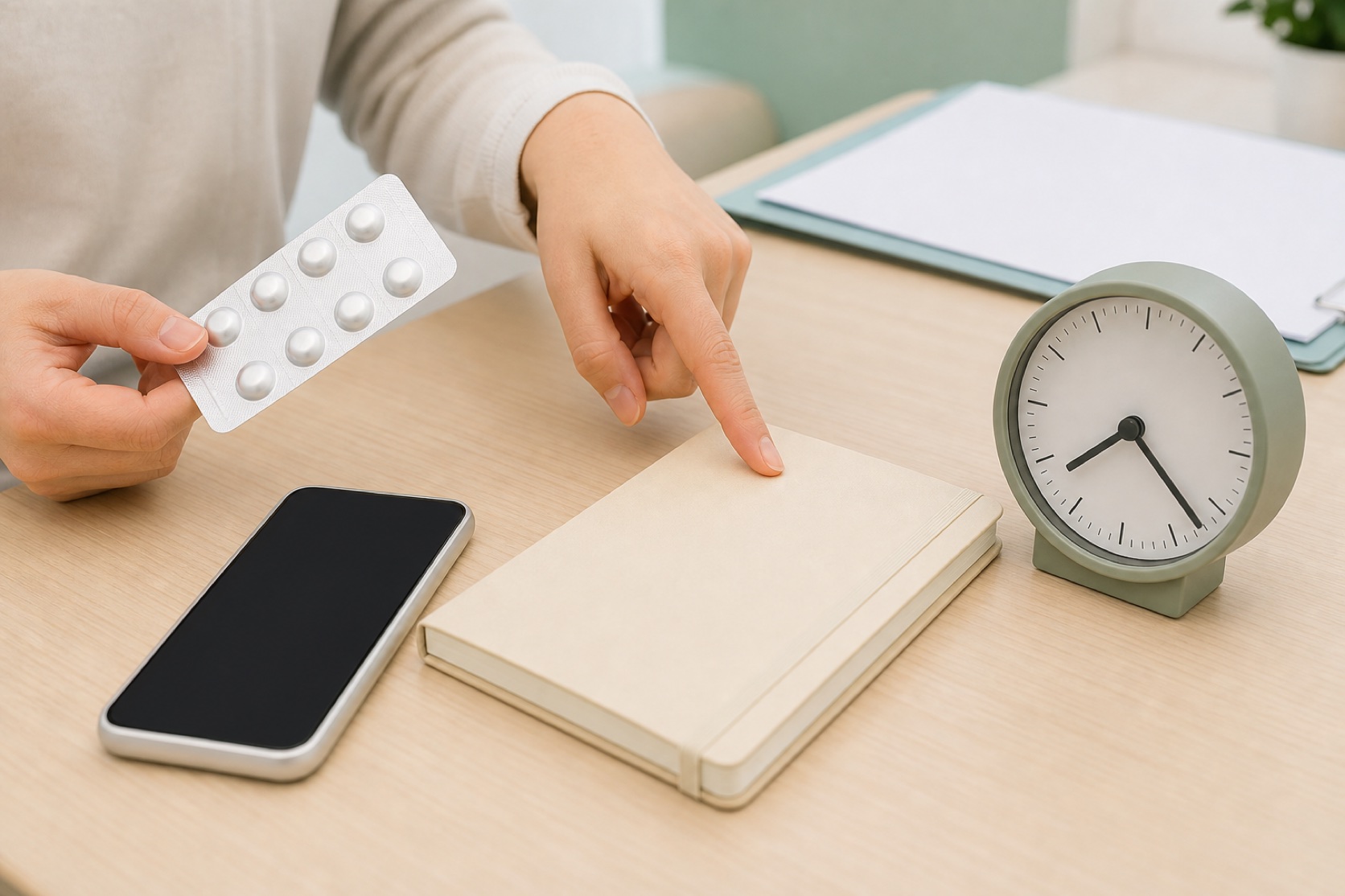 アトピーの内服薬を飲んだ時刻と眠気の始まりを時計とお薬手帳に記録する相談準備イメージ