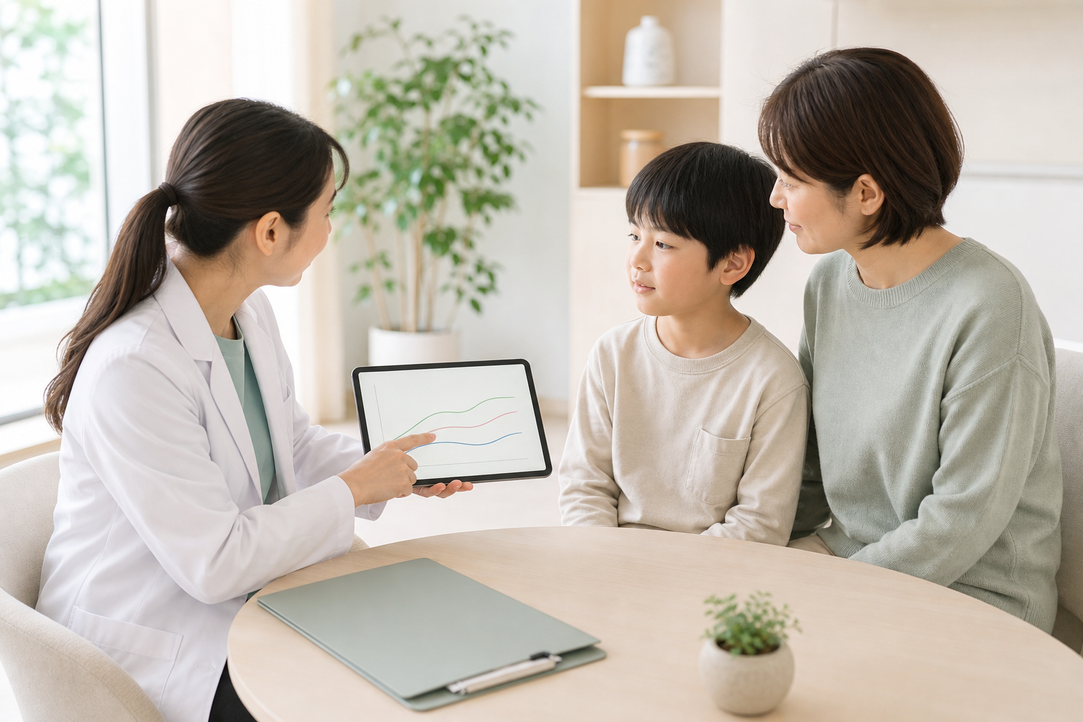 子どものアトピーと身長・体重の長期的な変化を医師と確認する診療イメージ
