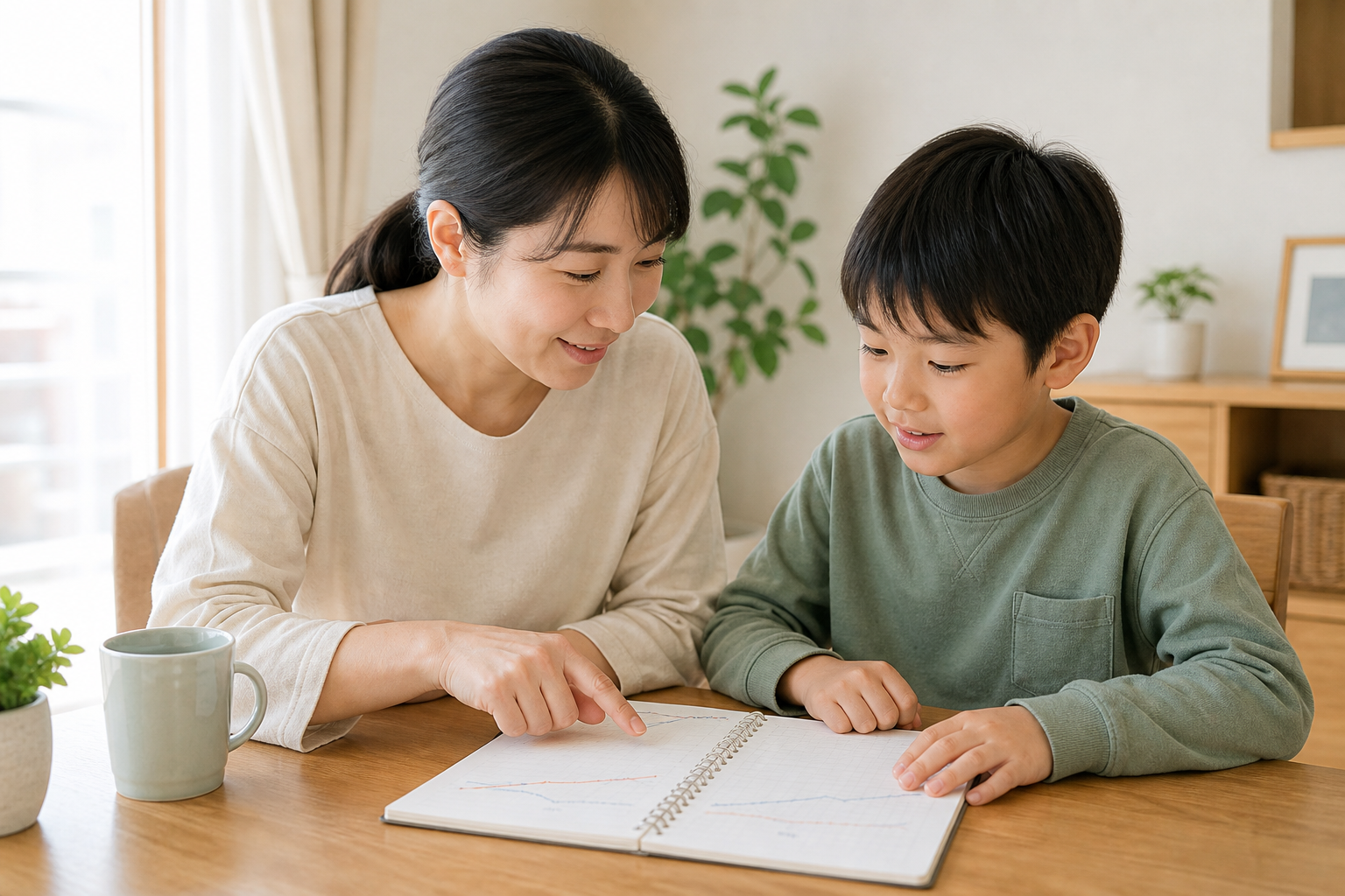 親子が自宅のテーブルで身長と体重の成長記録を一緒に確認するAI生成の生活イメージ