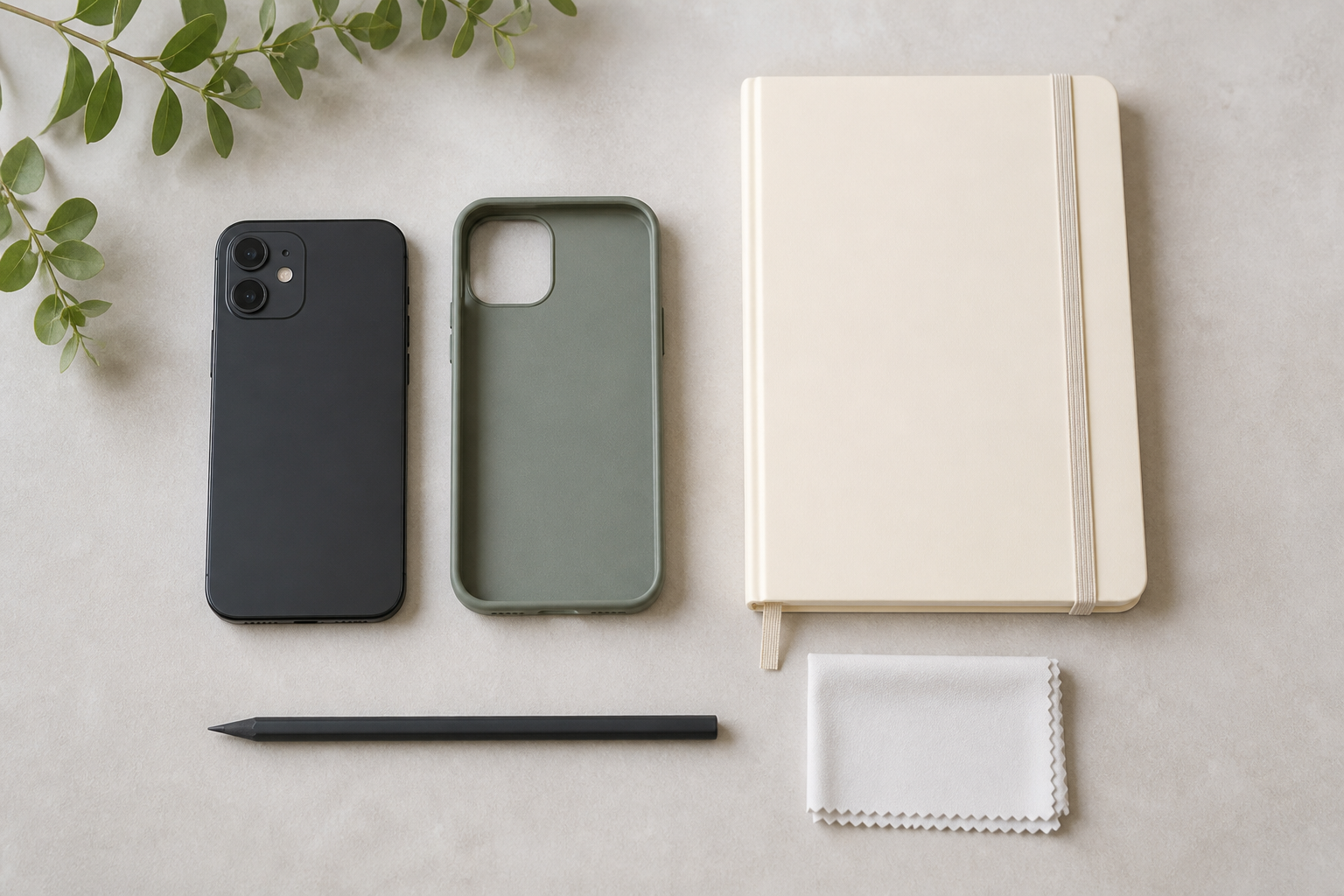 スマホ接触と頬ニキビの一週間記録を準備する無地のスマートフォン、ケース、閉じたノート、鉛筆、白い布