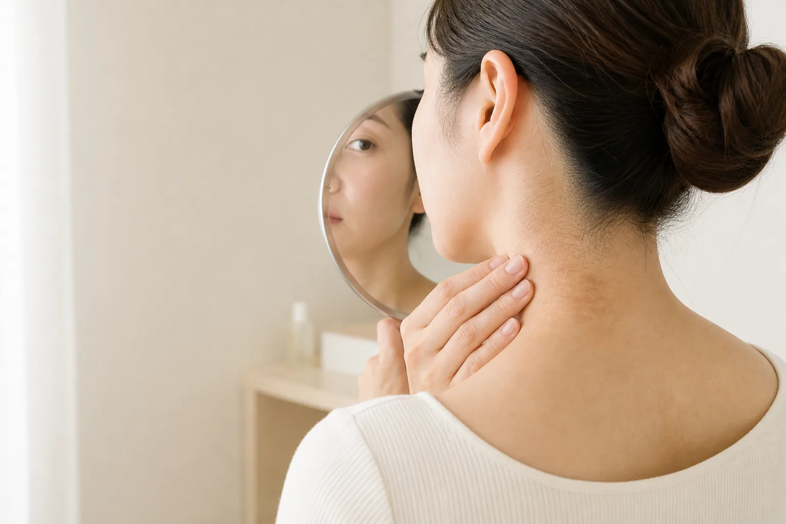 首の黒ずみや色むらを鏡で確認する女性