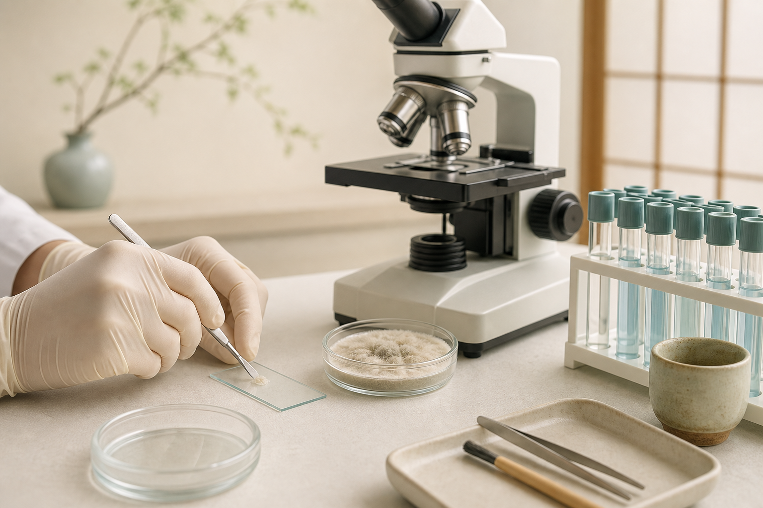 白癬が治りにくいときに皮膚の検体を顕微鏡・培養・分子検査で確認するイメージ