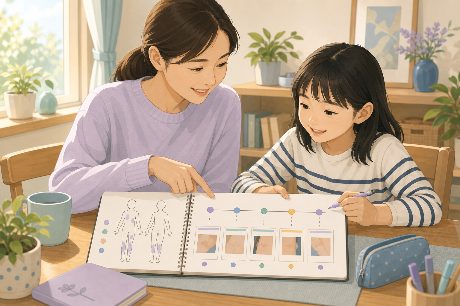 限局性強皮症の部位、広がり、経過を親子で記録して診察へ備える生成イメージ