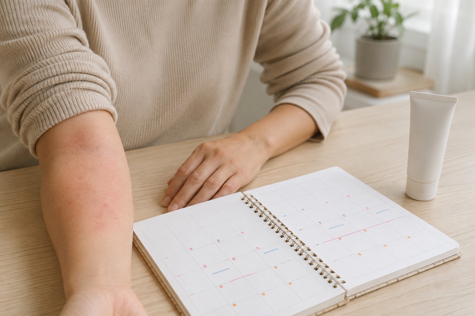 生理前のアトピー悪化を確認するため軽い前腕の赤みと月経周期を記録するイメージ