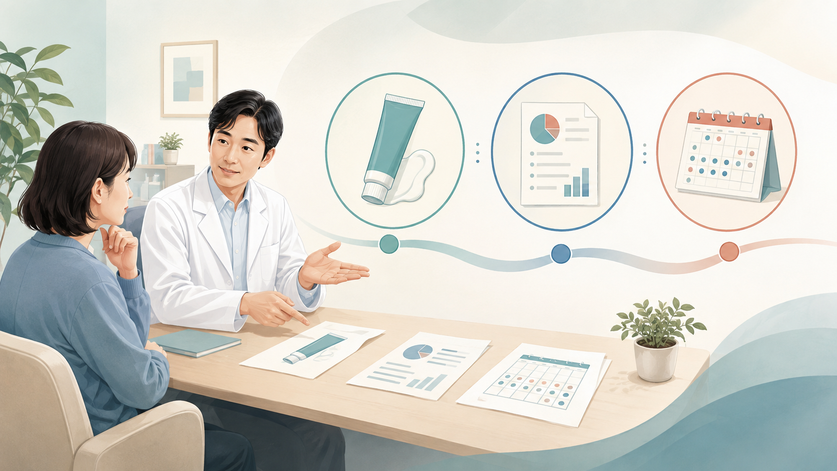 外用薬、費用制度、長期治療を分けて皮膚科医と確認するAI生成の説明イラスト