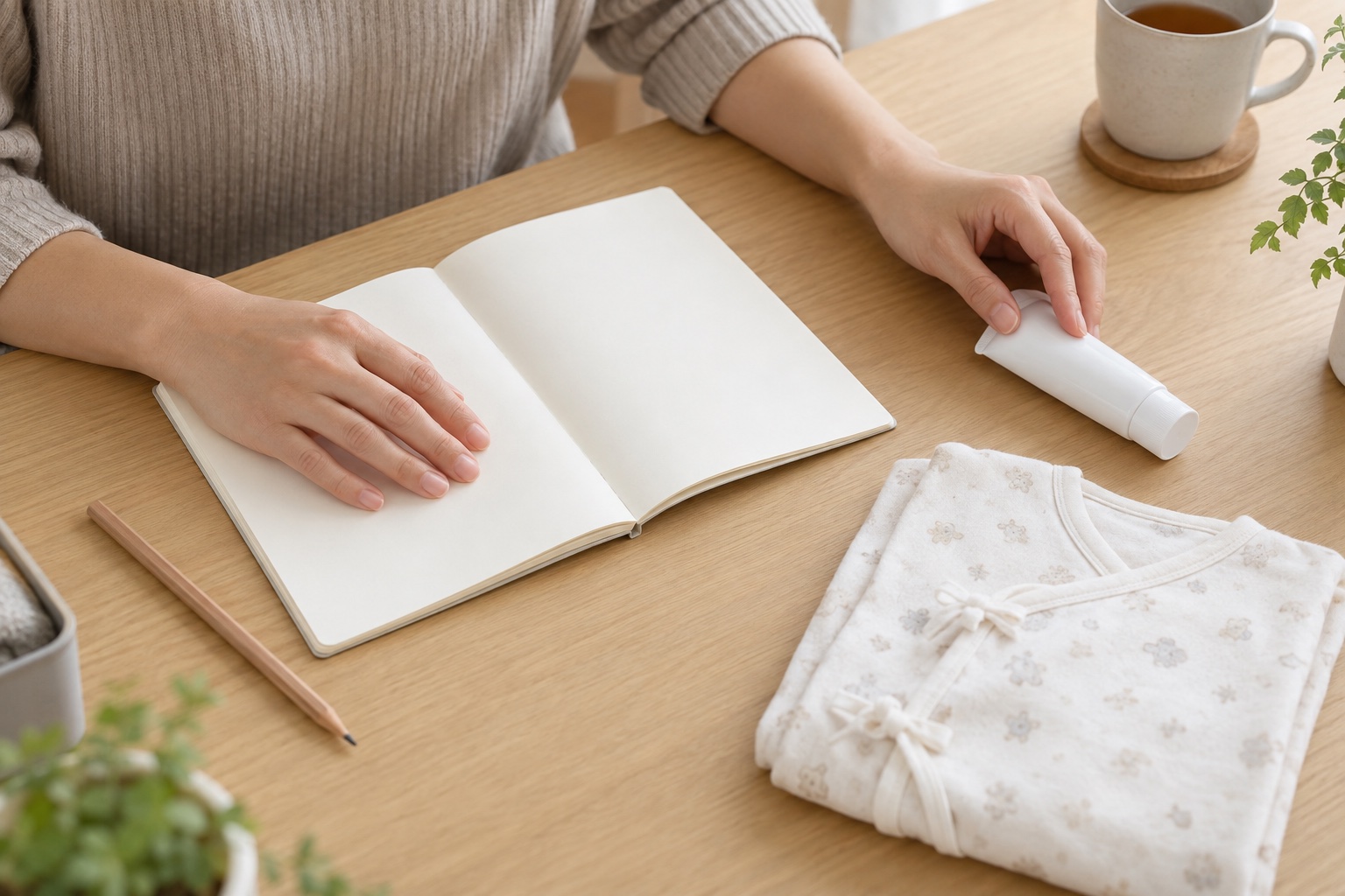 授乳中に使う塗り薬と相談メモを準備する場面