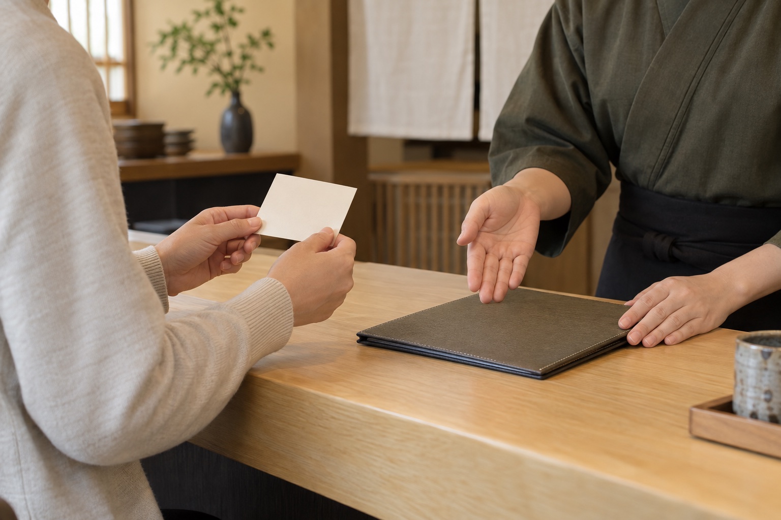 食物アレルギーの注意点をカードで伝え、外食前に店員へ原材料や調理方法を確認するイメージ