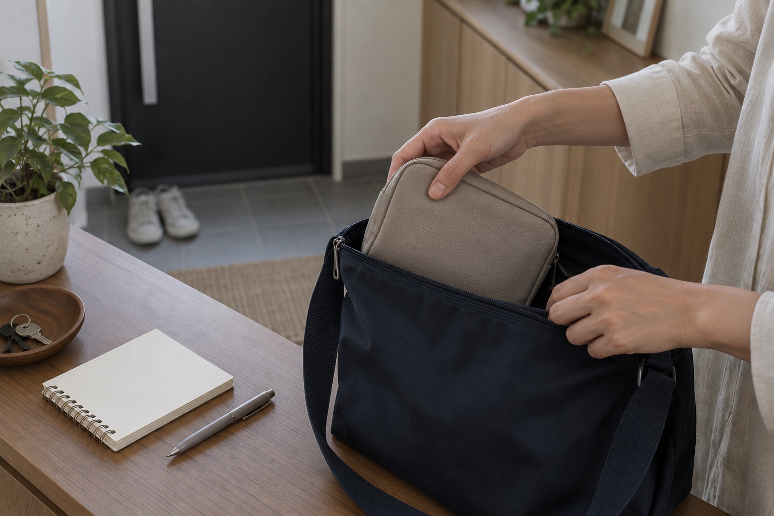 エピペンを携帯する準備として救急薬用ポーチを外出用バッグの取り出しやすい場所へ入れるイメージ