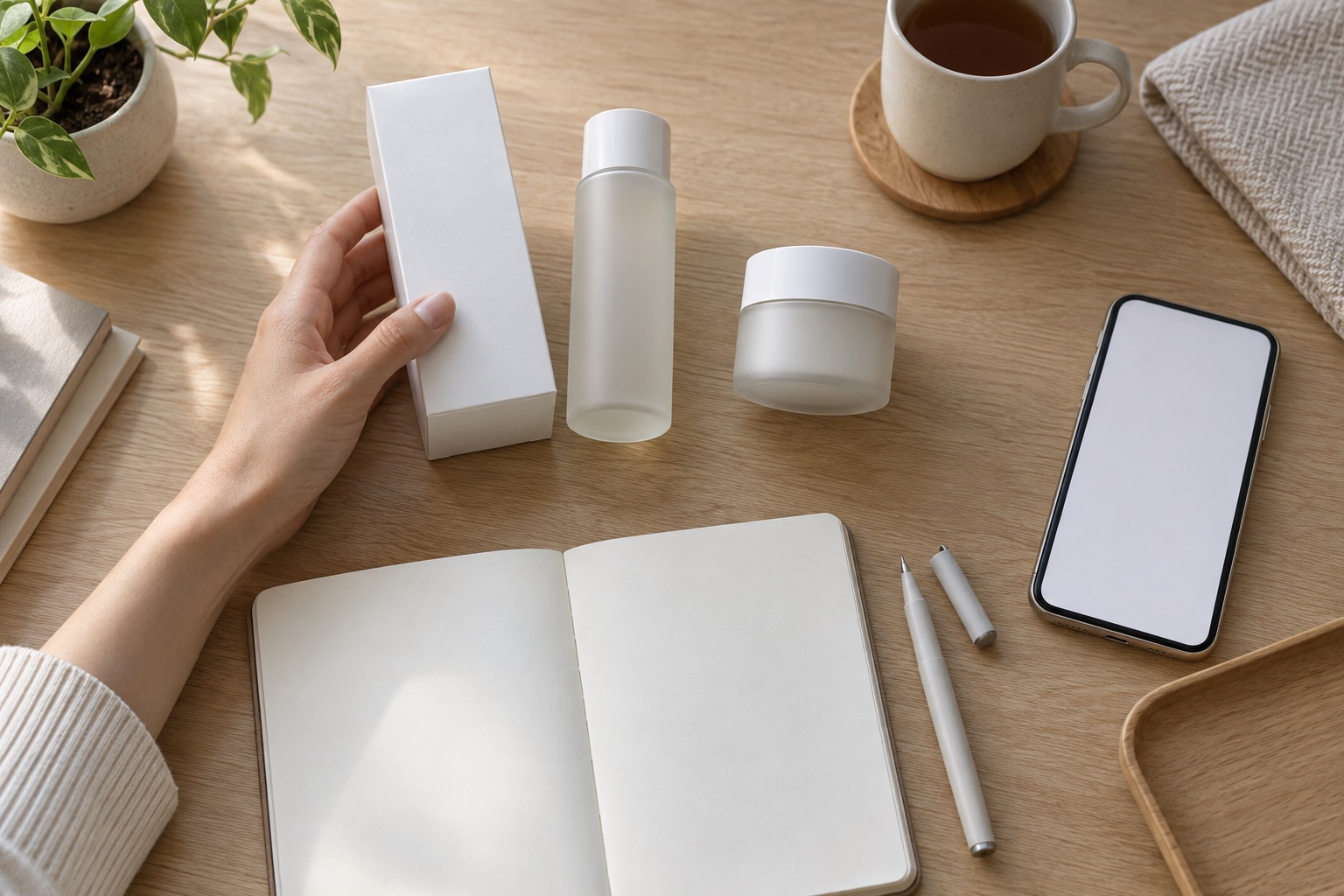 接触アレルギーの原因成分を照合するため、製品の容器と外箱、問い合わせメモをそろえるイメージ