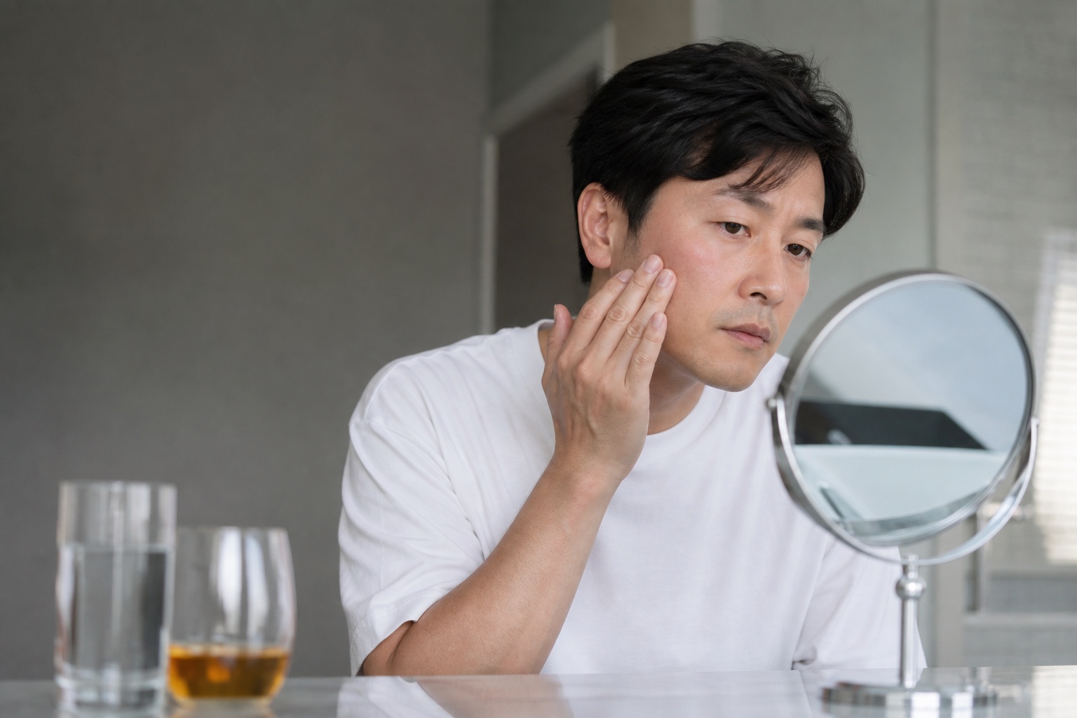 飲酒後の頬の赤みを鏡で確認する男性のイメージ