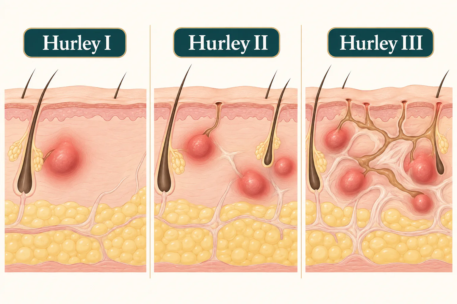 化膿性汗腺炎のHurley分類I・II・IIIを、結節、限局した瘻孔、広範囲につながる瘻孔の違いで示した模式図