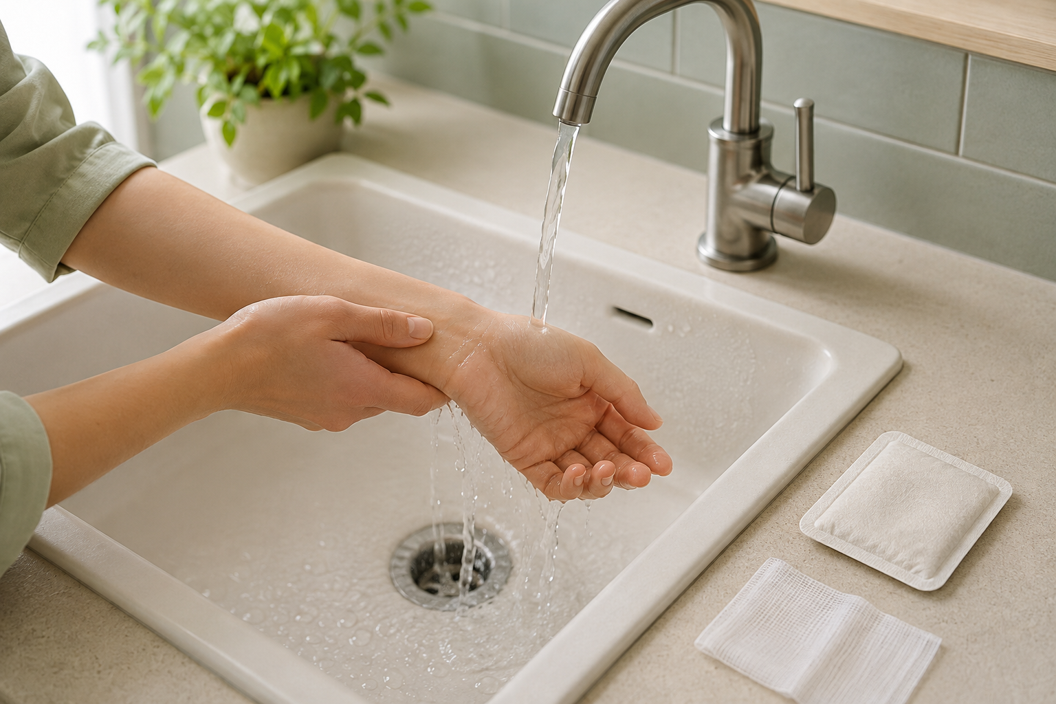 カイロを外した後に冷たすぎない流水で皮膚をやさしく冷やし清潔なガーゼを準備する生成イメージ