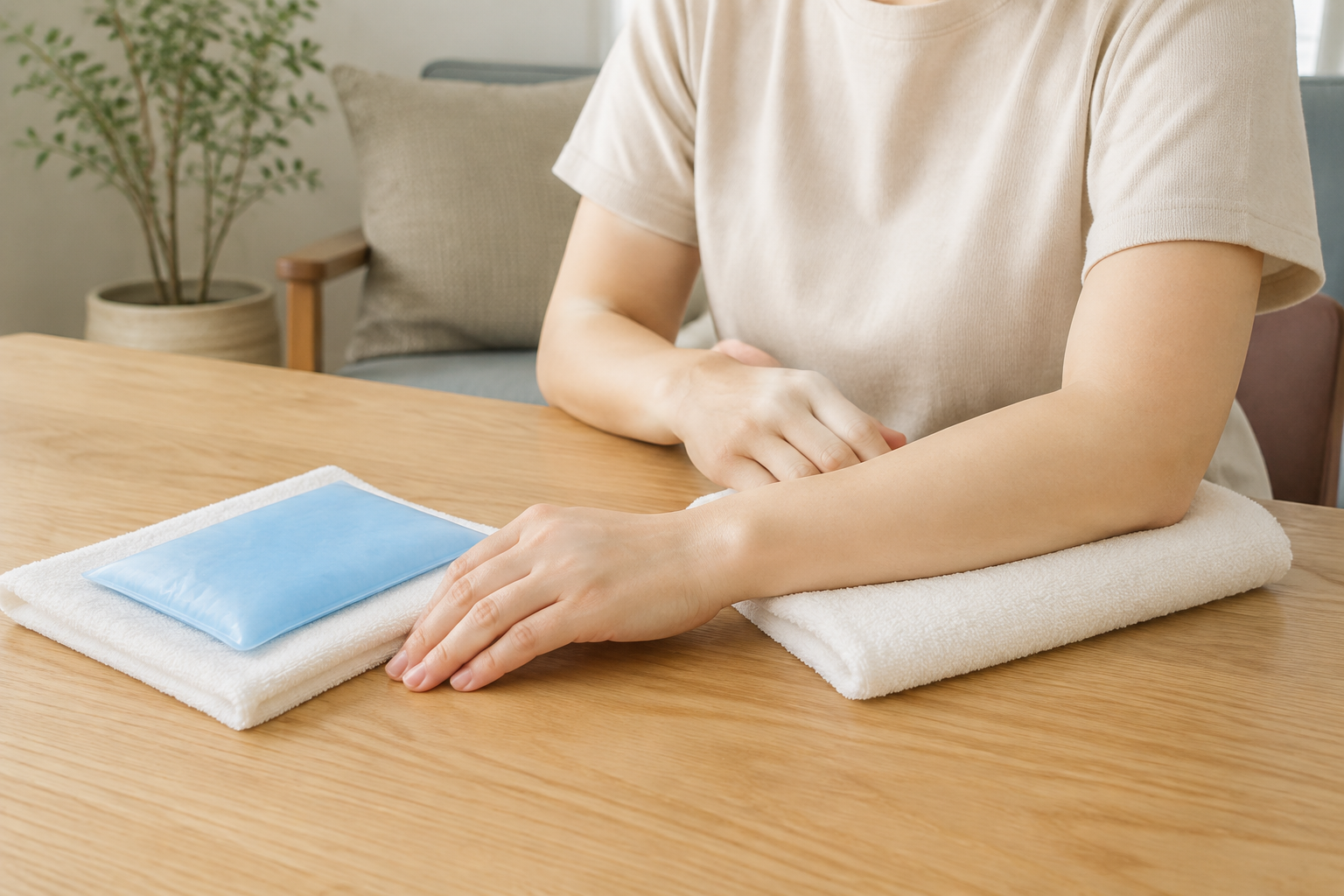 皮膚から離した青い保冷剤を脇に置き、清潔なタオルの上で腕を休める生成イメージ