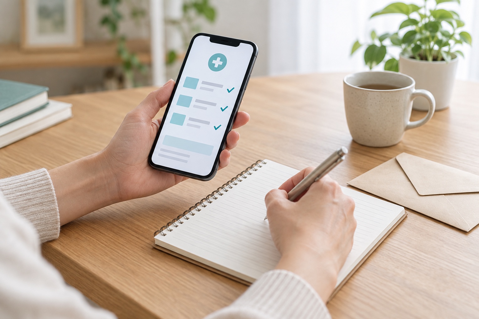 パートナーの診断情報と接触時期をスマートフォンとメモで整理するAI生成イメージ
