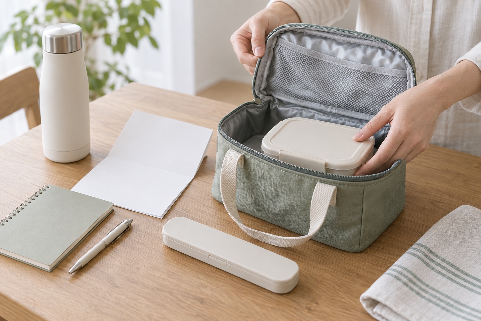 食物経口負荷試験の受診に向け、指示書と持参用の食品容器をバッグに準備する手元のイメージ