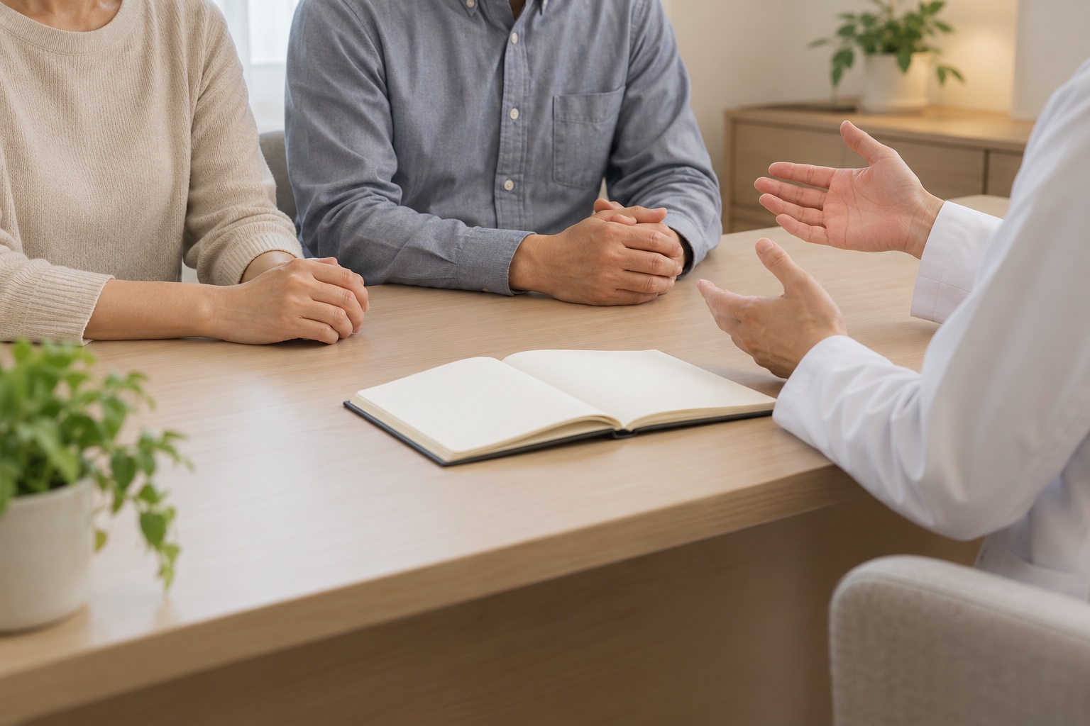 アトピー性皮膚炎と家族との接触について、二人の相談者が医療者の説明を聞く診療場面のイメージ