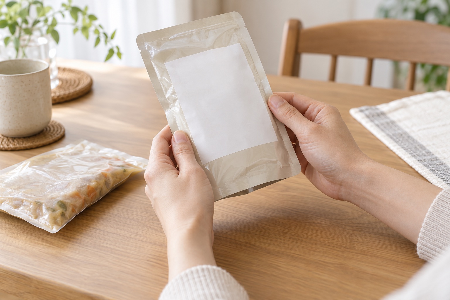 食物アレルギーの誤食を防ぐため、購入した加工食品の包装と原材料表示を確認する手元のイメージ