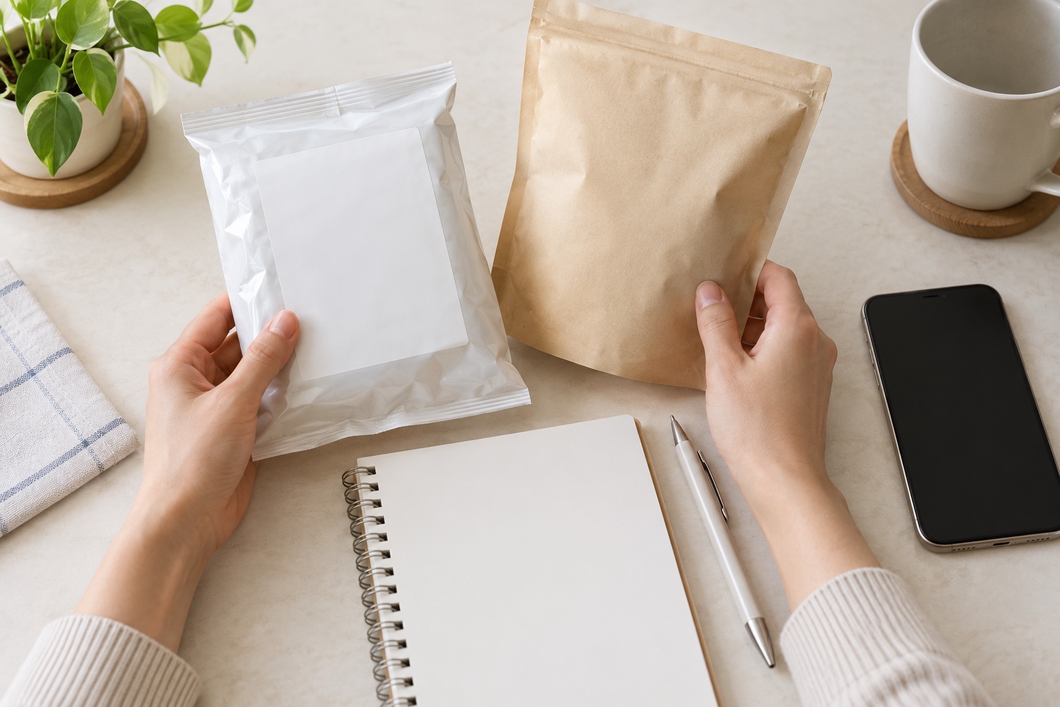 食物アレルギーの食品表示についてメーカーへ確認するため、包装とメモをそろえる手元のイメージ