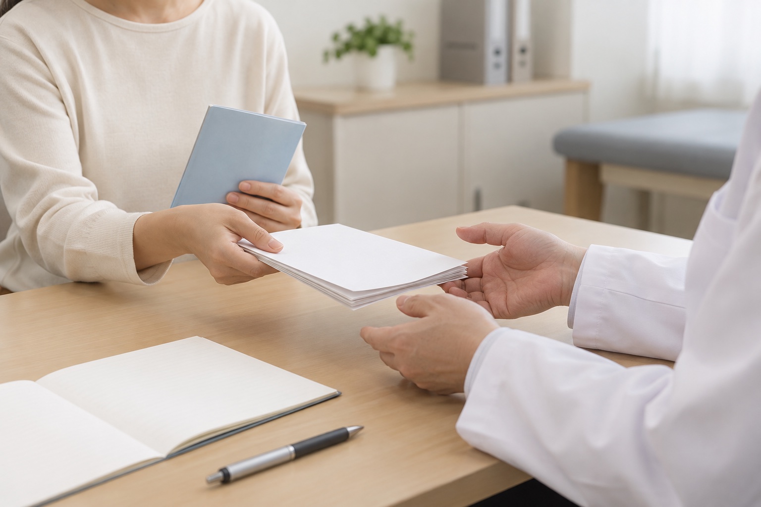 昔のペニシリンアレルギーの薬名と症状を相談するため、お薬手帳と過去の資料を医師へ渡す手元