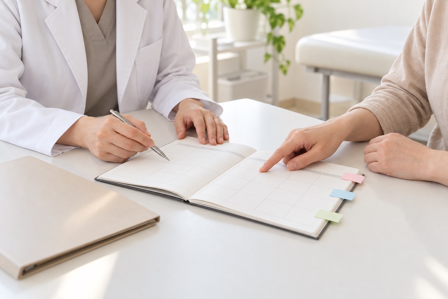 パッチテストの貼付日と判定日を医師と予定表で確認する手元